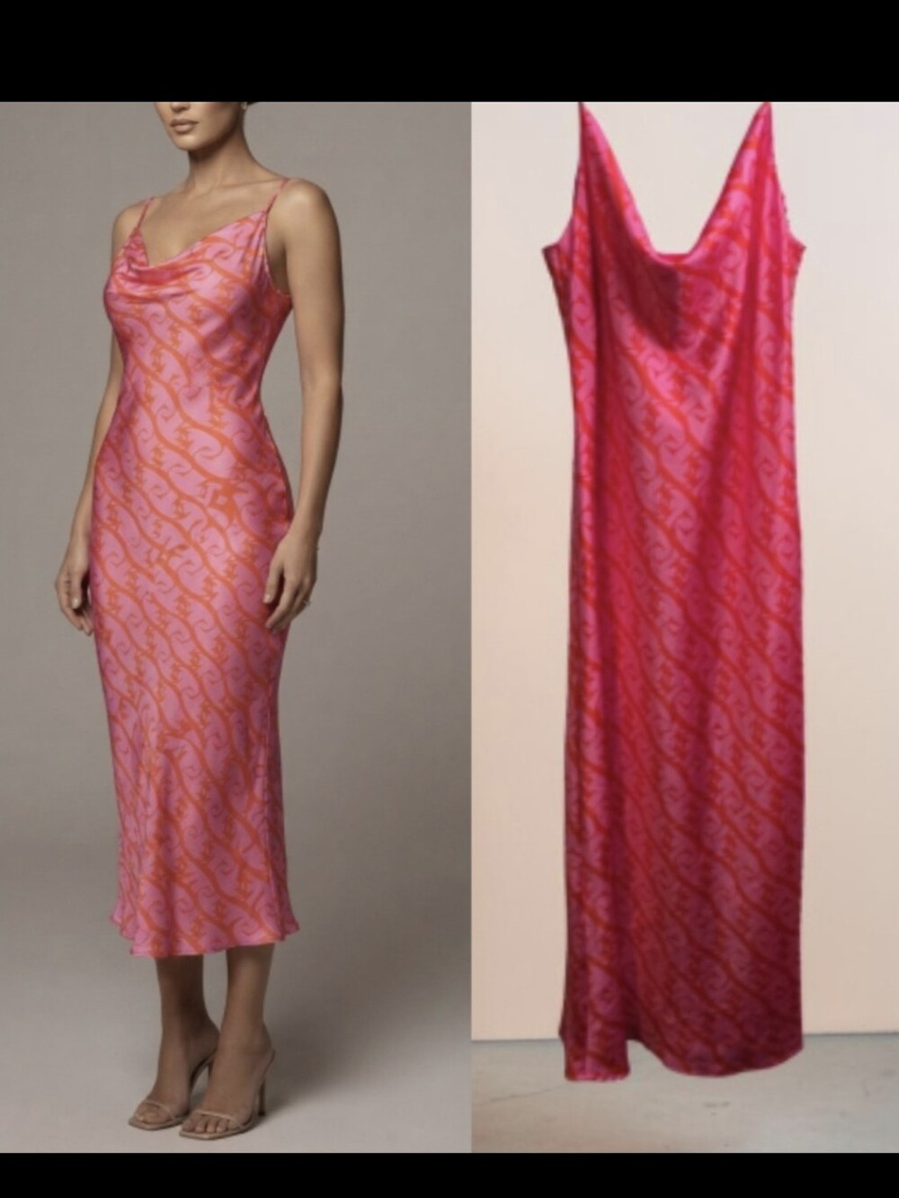Gusto Size M Pink Orange G Logo Print Slip Dress Side Slit Made in Turkey